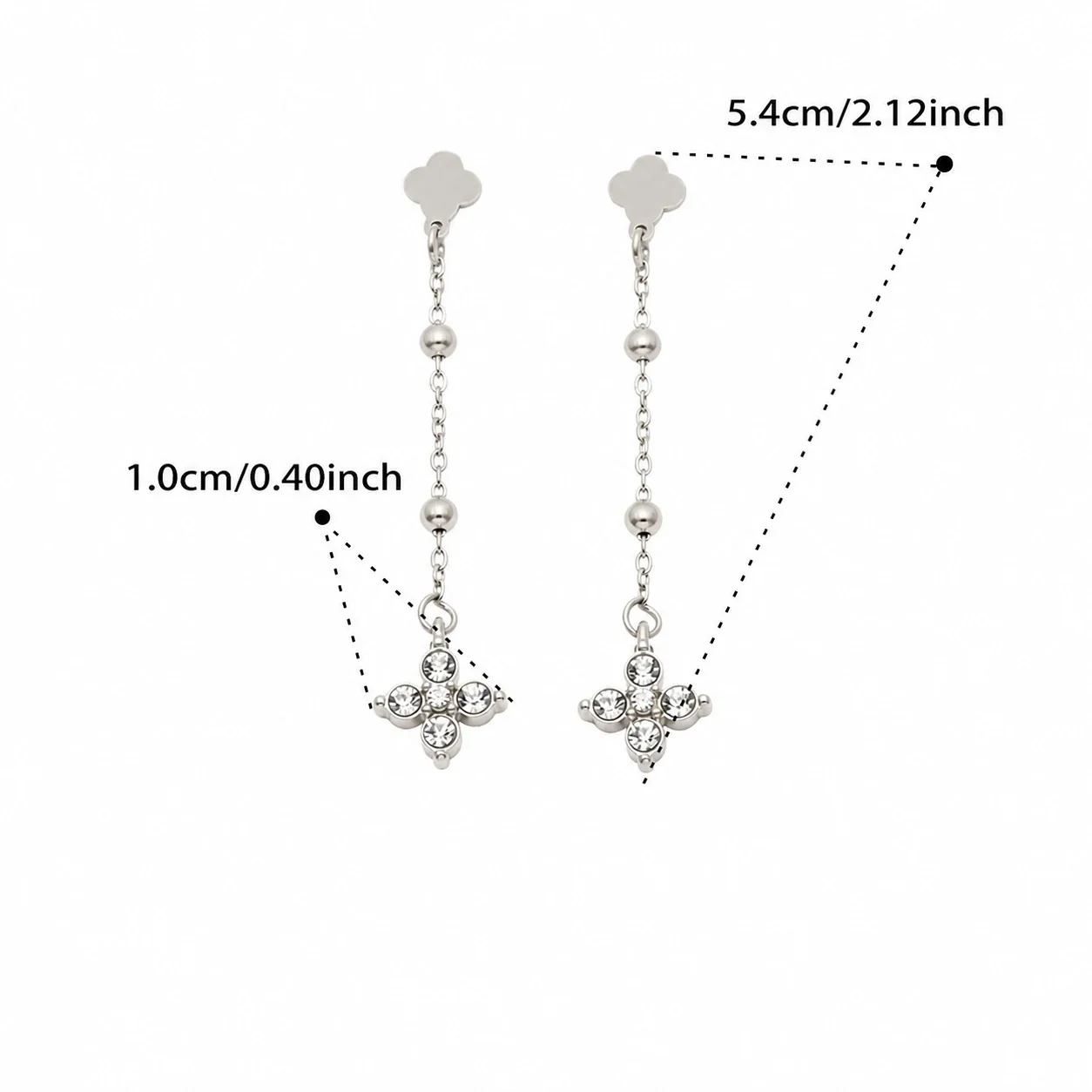 Delicate Clover Stud Bead Chain Stainless Steel Drop Earrings - Silver White CZ