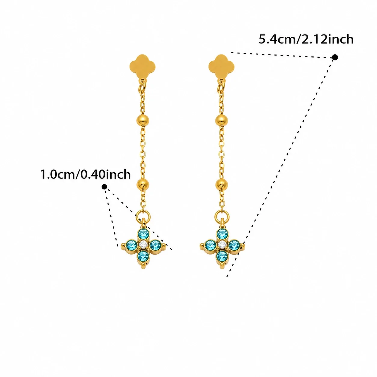 Delicate Clover Stud Bead Chain Stainless Steel Drop Earrings - Gold Sky Blue CZ