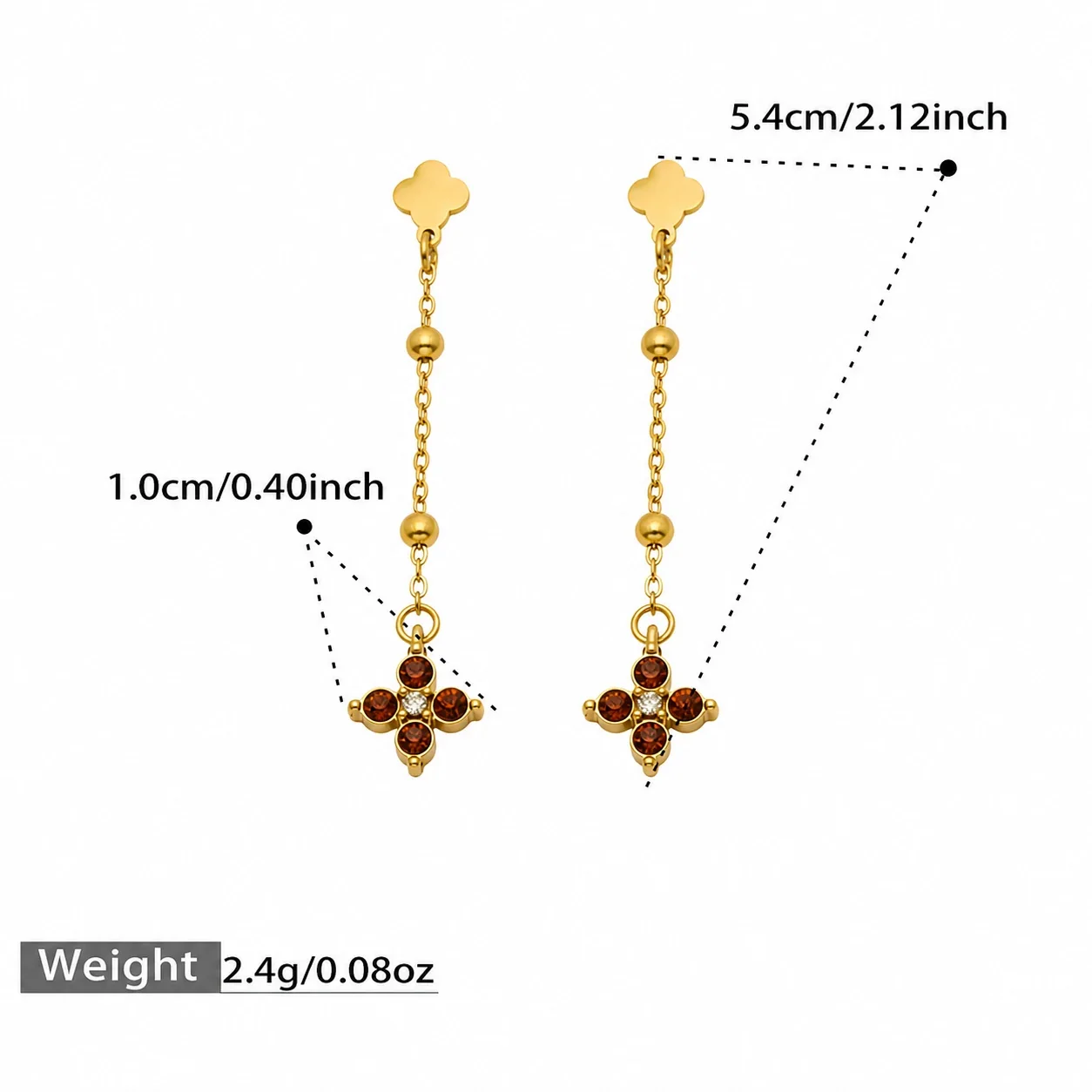 Delicate Clover Stud Bead Chain Stainless Steel Drop Earrings - Gold Champagne CZ
