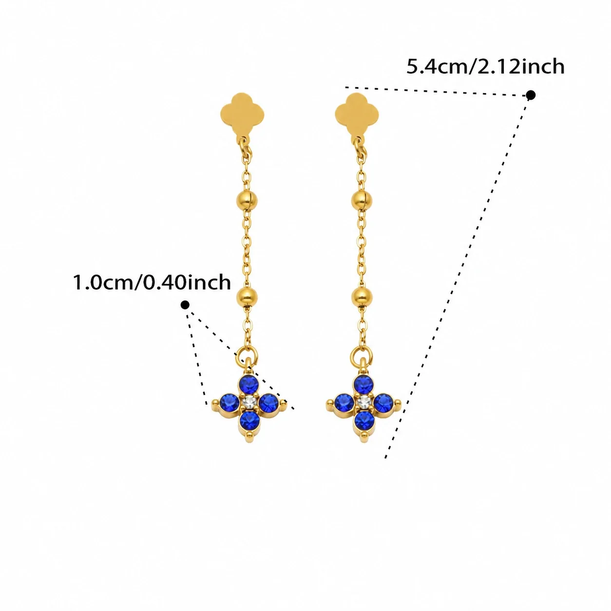 Delicate Clover Stud Bead Chain Stainless Steel Drop Earrings - Gold Royal Blue CZ