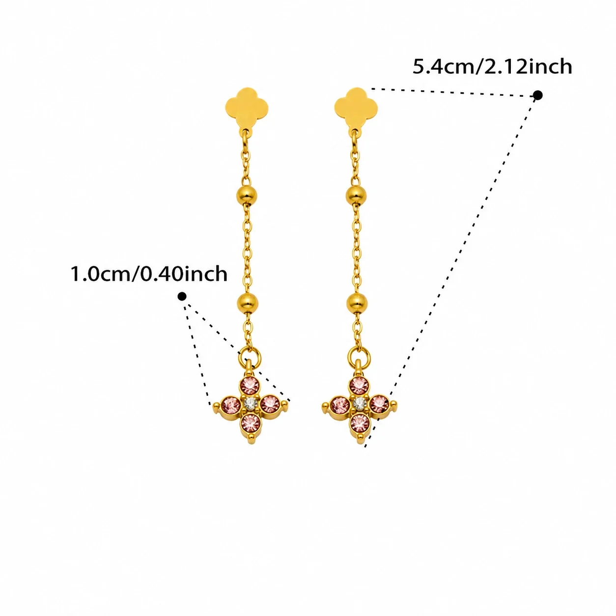 Delicate Clover Stud Bead Chain Stainless Steel Drop Earrings - Gold Pink CZ