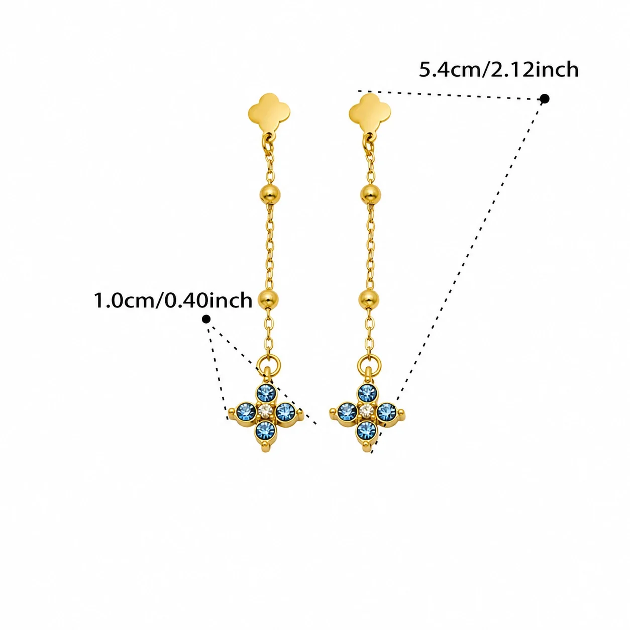 Delicate Clover Stud Bead Chain Stainless Steel Drop Earrings - Gold Aqua Blue CZ