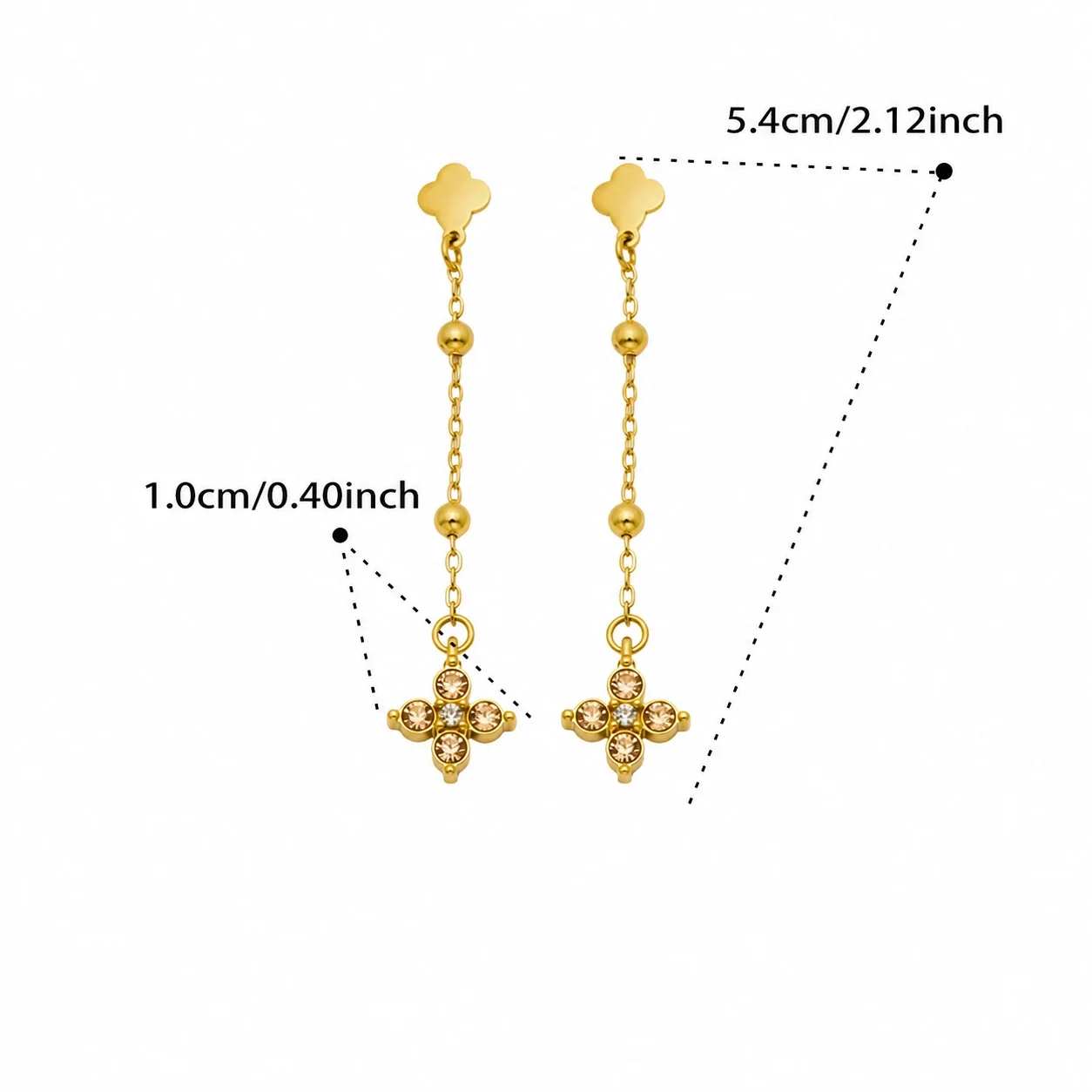 Delicate Clover Stud Bead Chain Stainless Steel Drop Earrings - Gold Khaki CZ