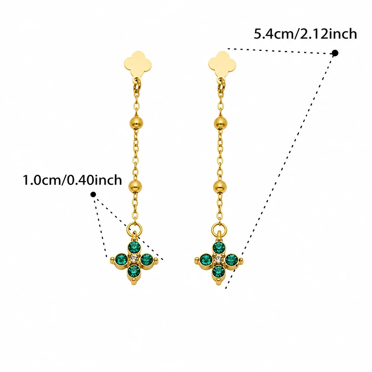 Delicate Clover Stud Bead Chain Stainless Steel Drop Earrings - Gold Teal CZ