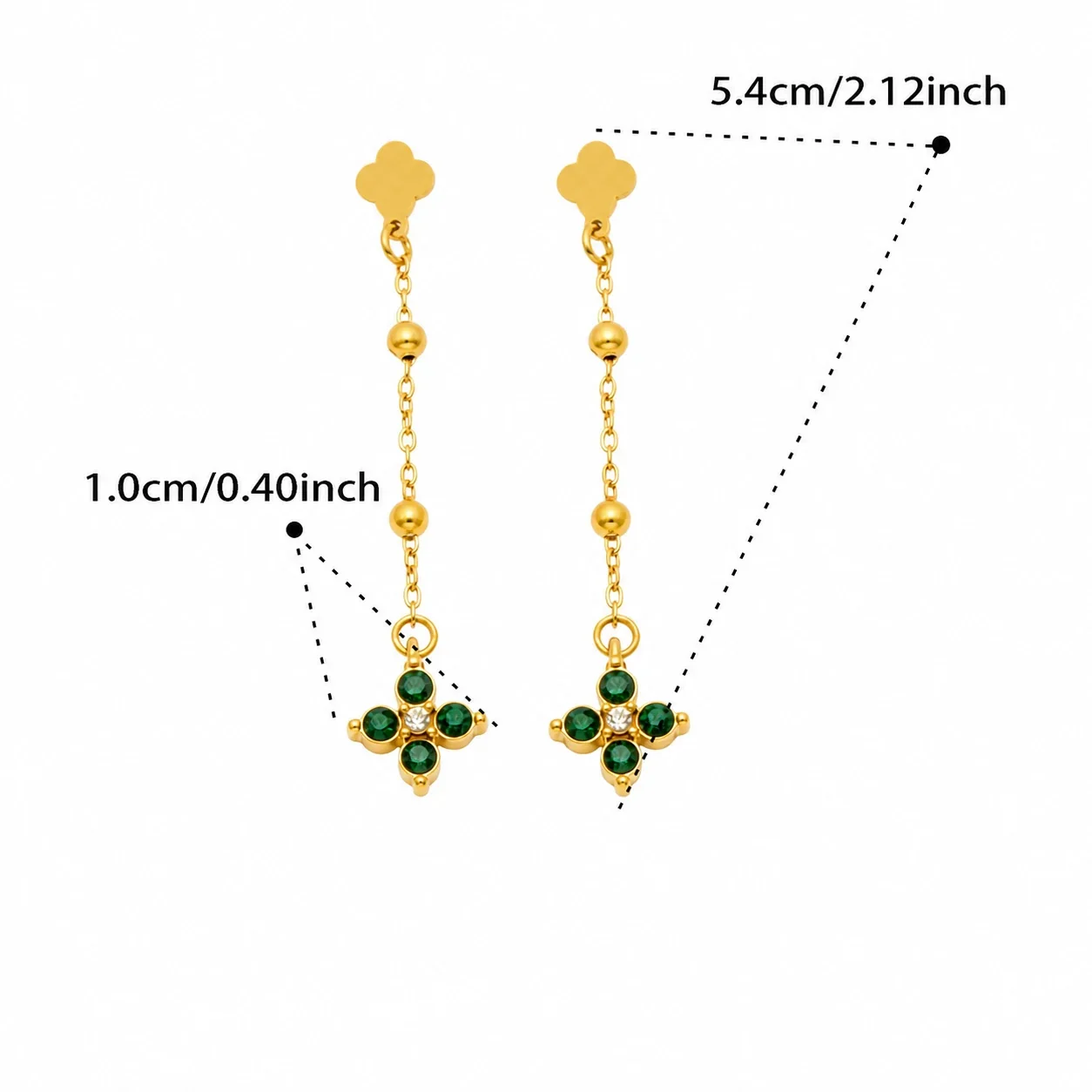 Delicate Clover Stud Bead Chain Stainless Steel Drop Earrings - Gold Green CZ