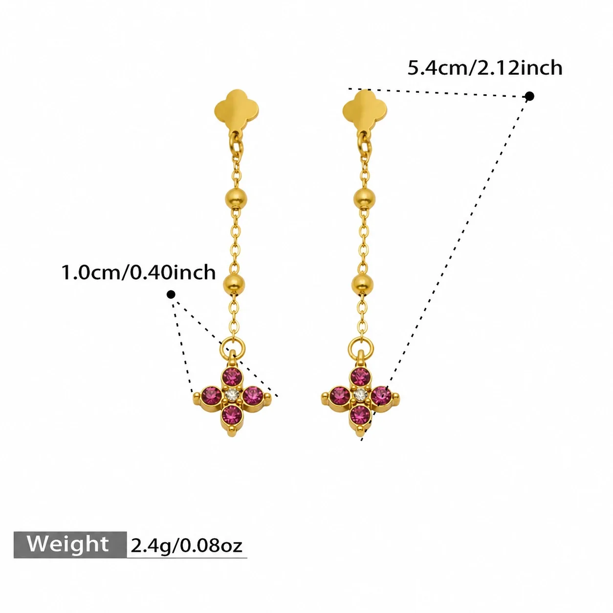 Delicate Clover Stud Bead Chain Stainless Steel Drop Earrings - Gold Fuchsia CZ