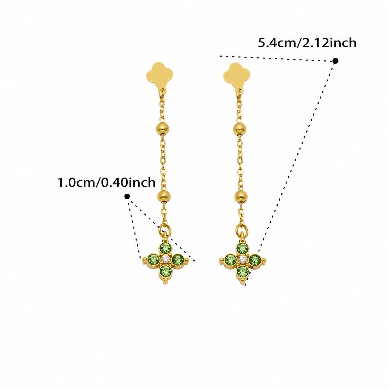 Delicate Clover Stud Bead Chain Stainless Steel Drop Earrings - Gold Light Green CZ