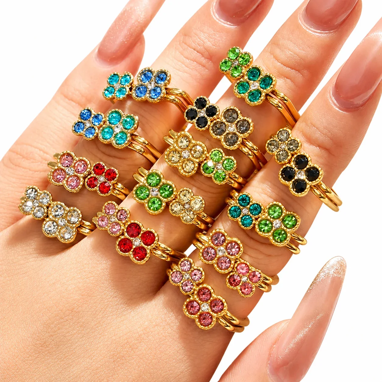 Playful Four-CZ Clover Stainless Steel Open Ring