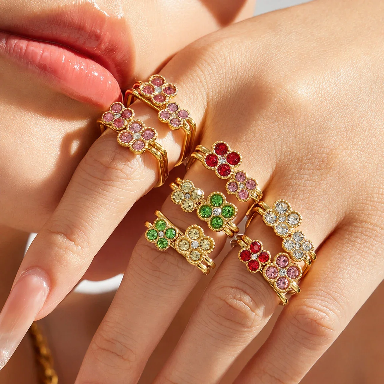 Playful Four-CZ Clover Stainless Steel Open Ring