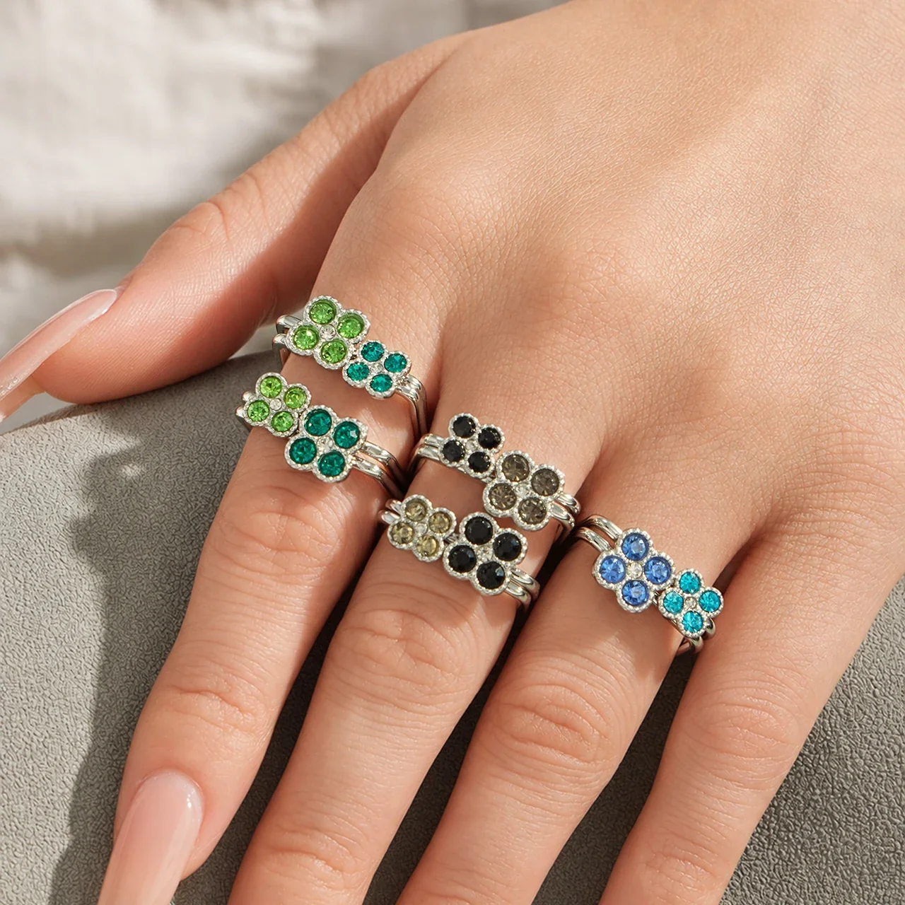 Playful Four-CZ Clover Stainless Steel Open Ring