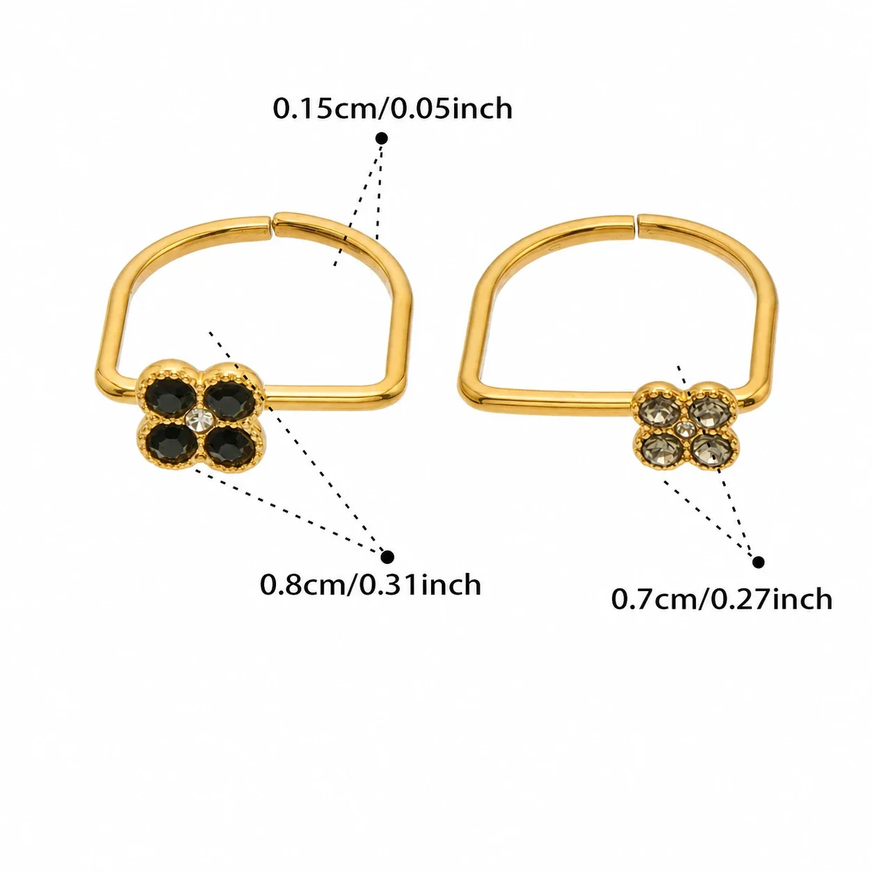 Playful Four-CZ Clover Stainless Steel Open Ring - Gold Black CZ Large and Gray CZ Small