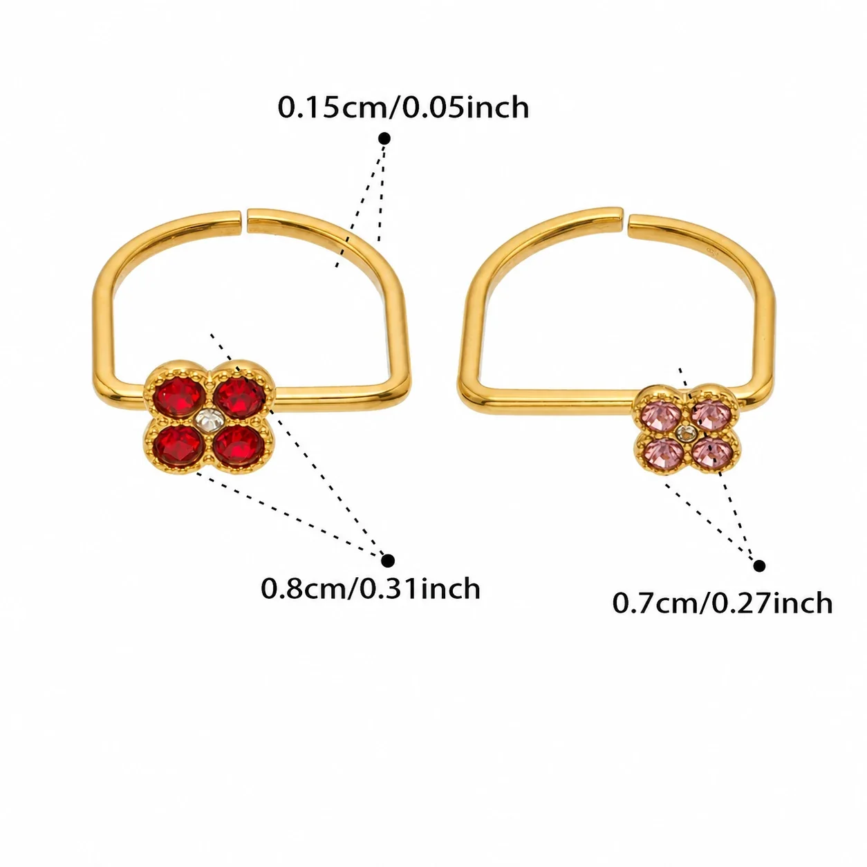 Playful Four-CZ Clover Stainless Steel Open Ring - Gold Red CZ Large and Pink CZ Small
