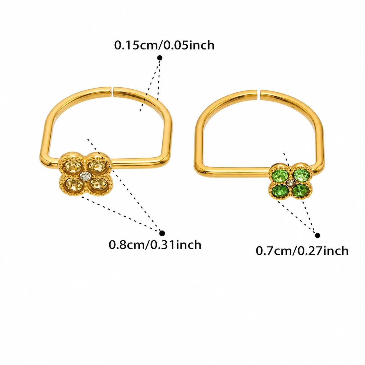 Playful Four-CZ Clover Stainless Steel Open Ring - Gold Yellow CZ Large and Light Green CZ Small