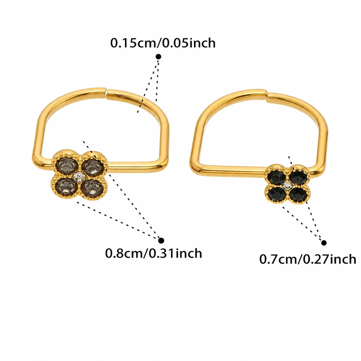 Playful Four-CZ Clover Stainless Steel Open Ring - Gold Gray CZ Large and Black CZ Small
