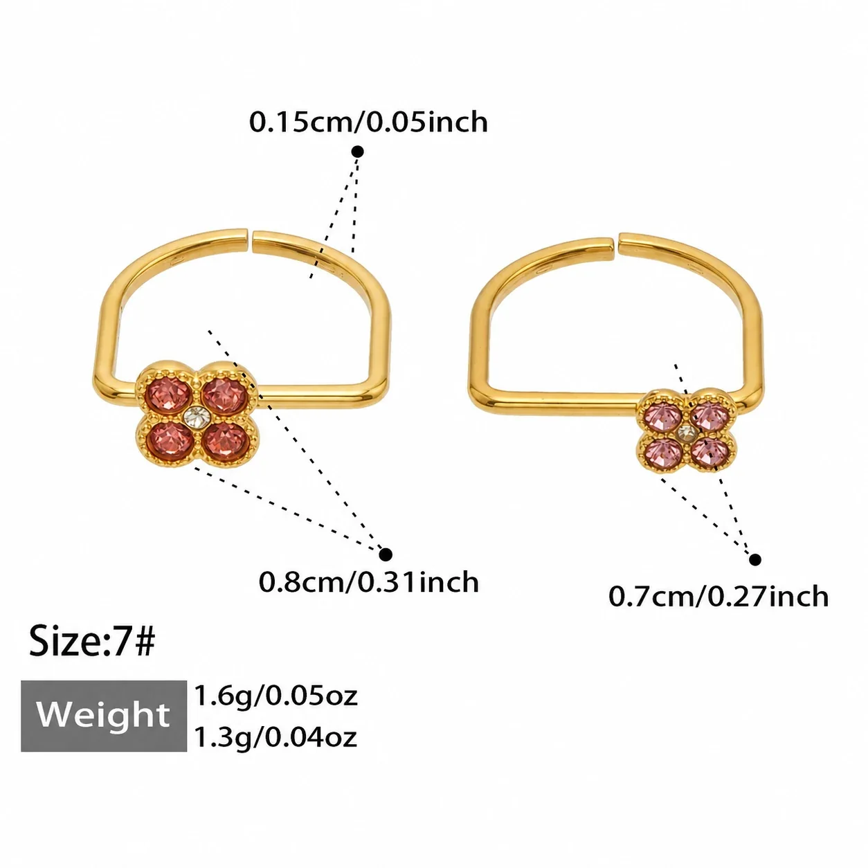 Playful Four-CZ Clover Stainless Steel Open Ring - Gold Fuchsia CZ Large and Pink CZ Small
