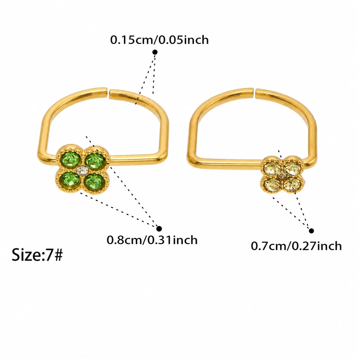 Playful Four-CZ Clover Stainless Steel Open Ring - Gold Light Green CZ Large and Yellow CZ Small