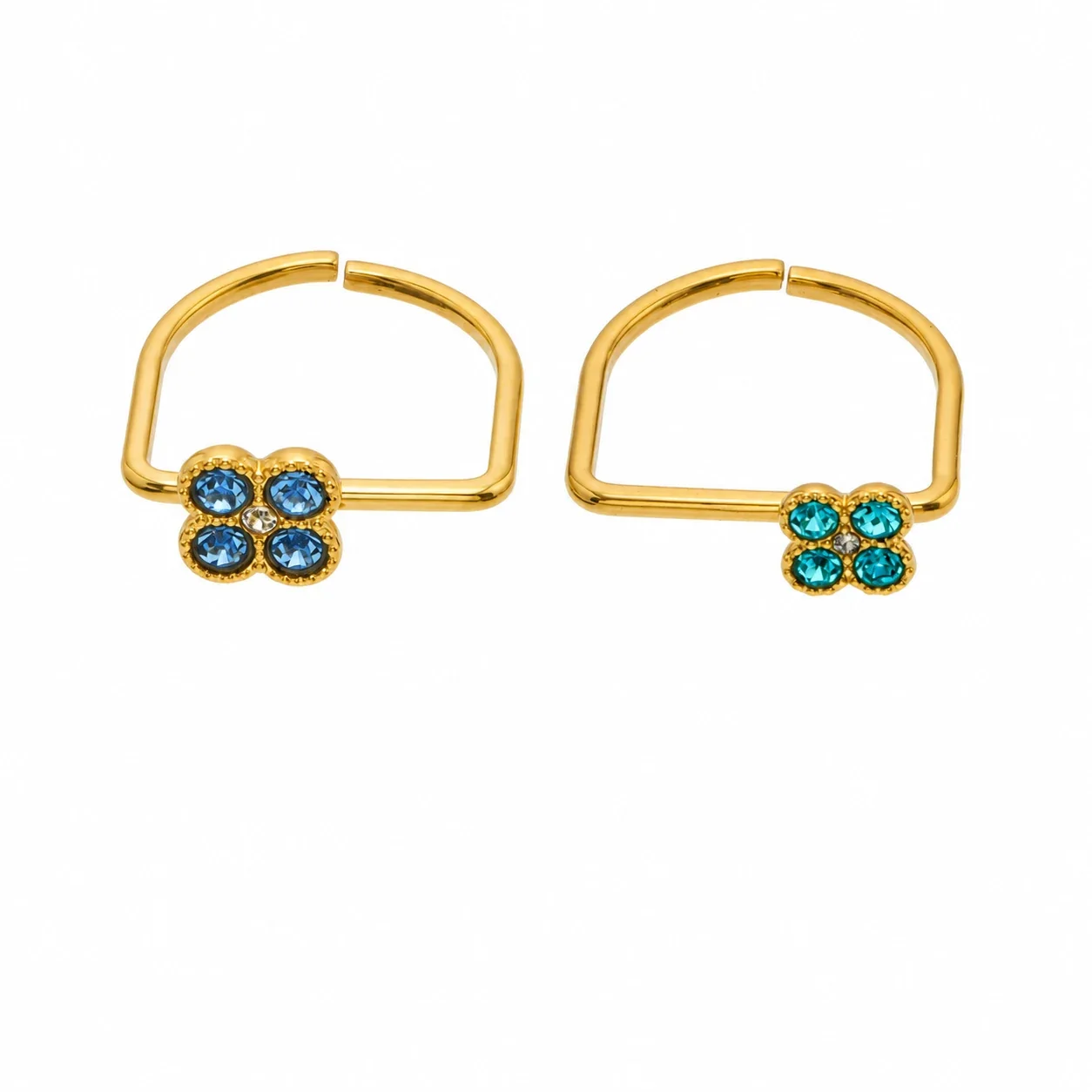 Playful Four-CZ Clover Stainless Steel Open Ring - Gold Dark Blue CZ Large and Light Blue CZ Small