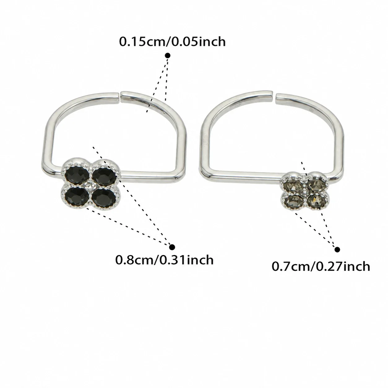 Playful Four-CZ Clover Stainless Steel Open Ring - Silver Black CZ Large and Gray CZ Small