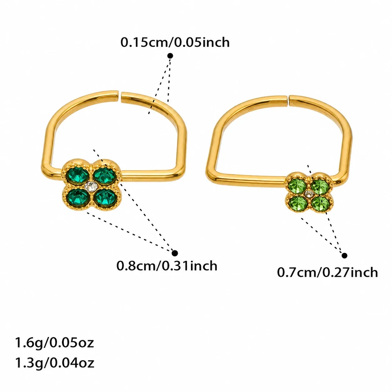Playful Four-CZ Clover Stainless Steel Open Ring - Gold Dark Green CZ Large and Light Green CZ Small