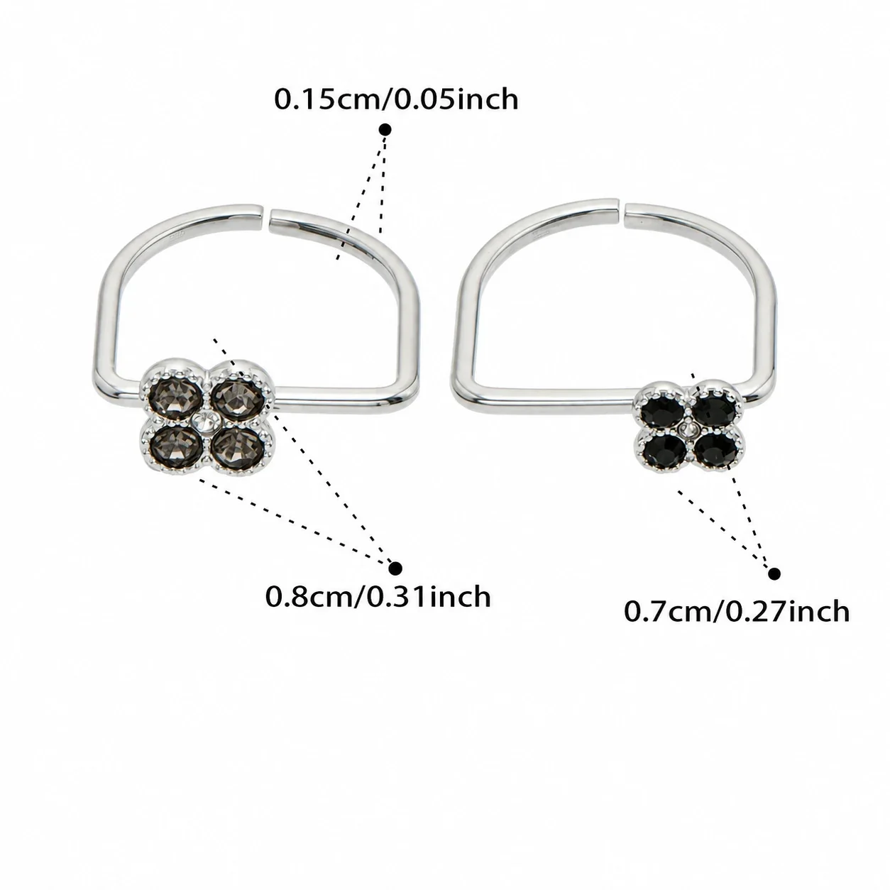 Playful Four-CZ Clover Stainless Steel Open Ring - Silver Gray CZ Large and Black CZ Small