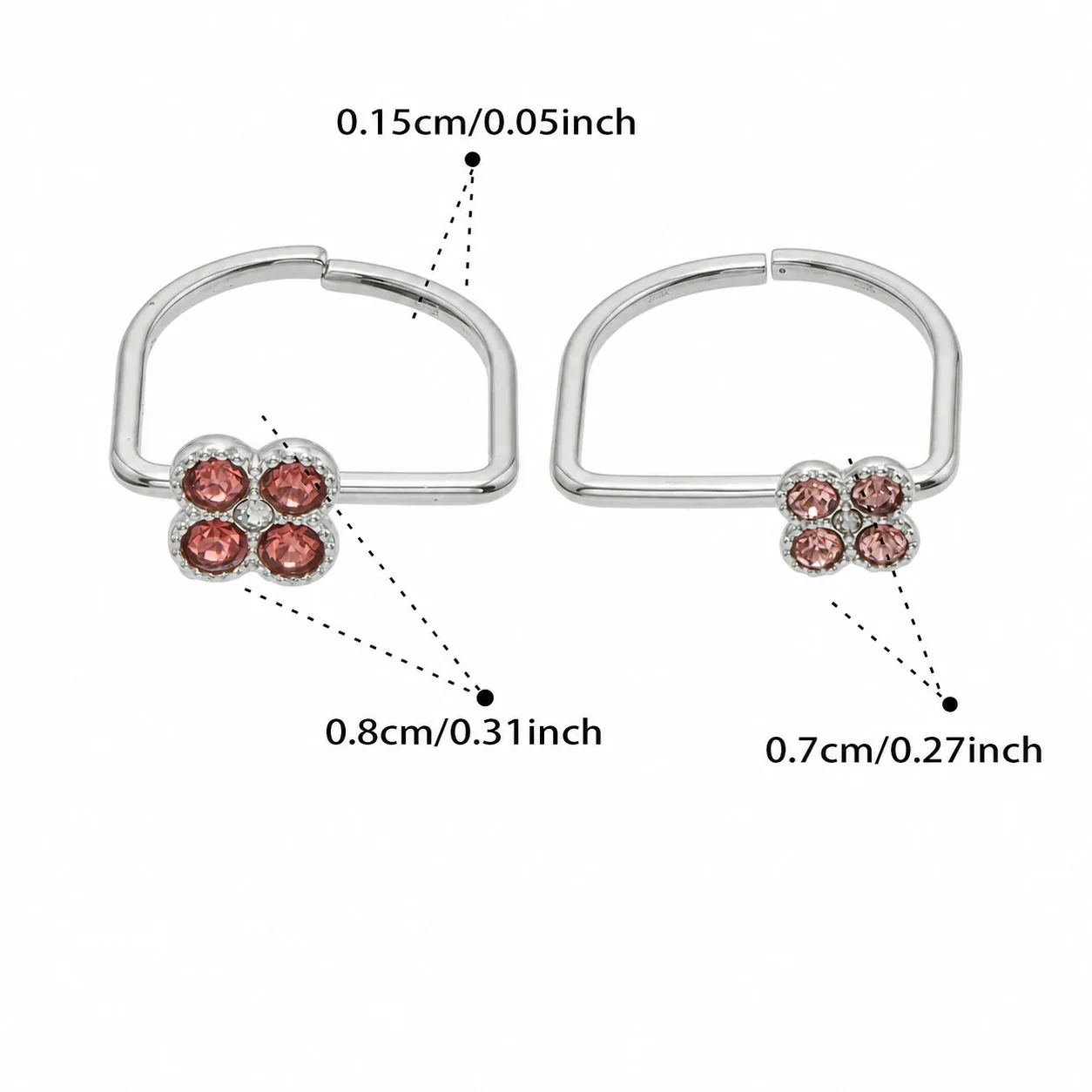 Playful Four-CZ Clover Stainless Steel Open Ring - Silver Fuchsia CZ Large and Pink CZ Small