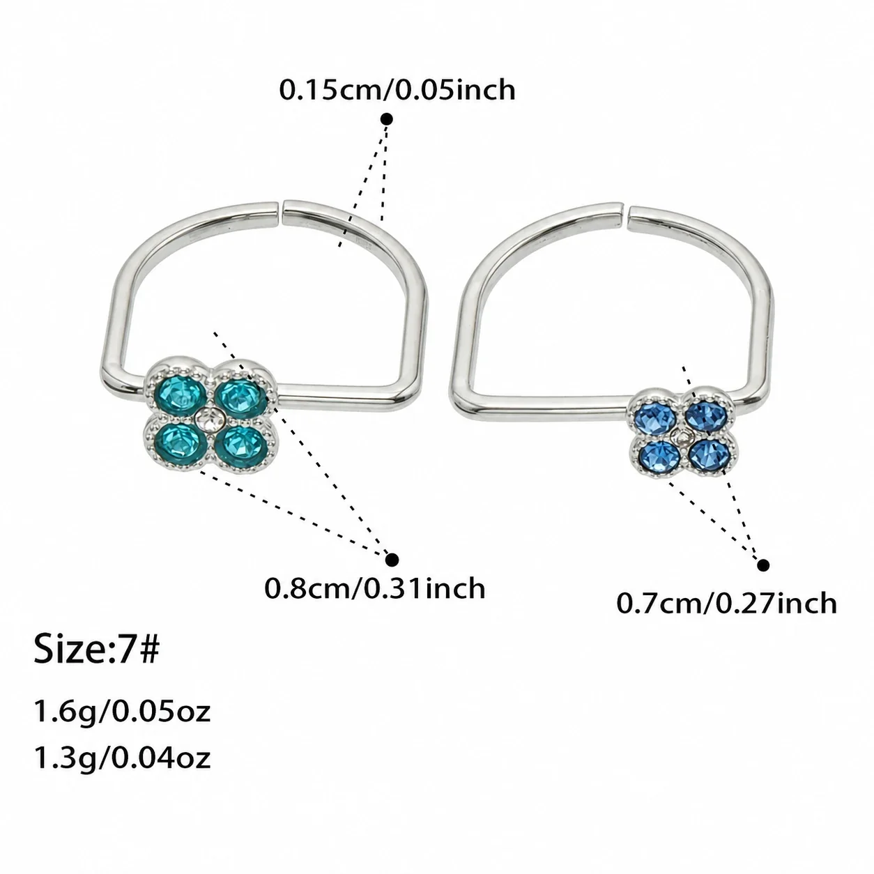 Playful Four-CZ Clover Stainless Steel Open Ring - Silver Light Blue CZ Large and Dark Blue CZ Small