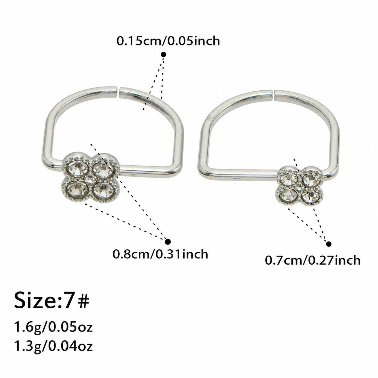 Playful Four-CZ Clover Stainless Steel Open Ring - Silver Light Green CZ Large and Dark Green CZ Small