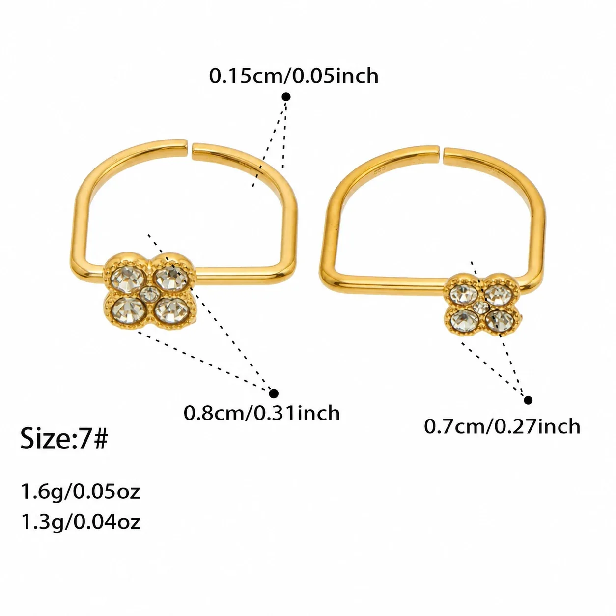 Playful Four-CZ Clover Stainless Steel Open Ring - Gold White CZ Large and White CZ Small
