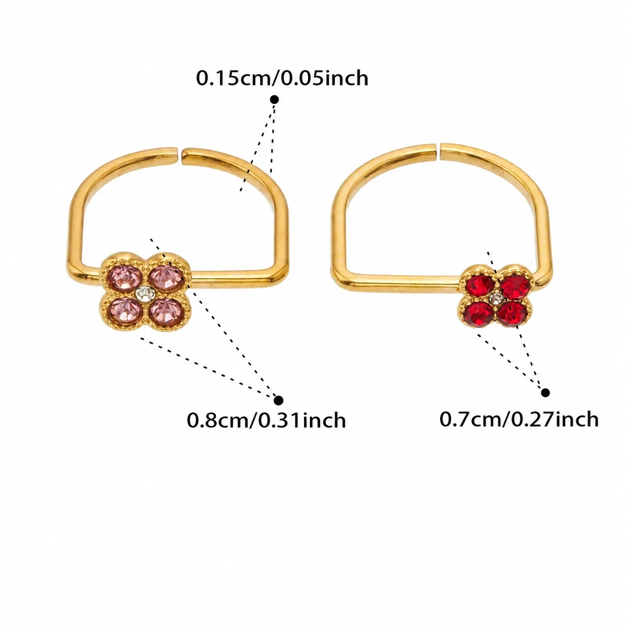 Playful Four-CZ Clover Stainless Steel Open Ring - Gold Pink CZ Large and Red CZ Small