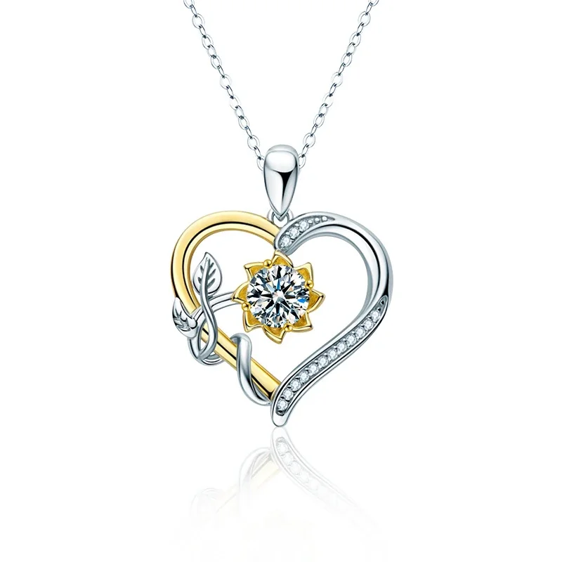 Romantic Sunflower Leaf Heart 925 Sterling Silver Moissanite Necklace