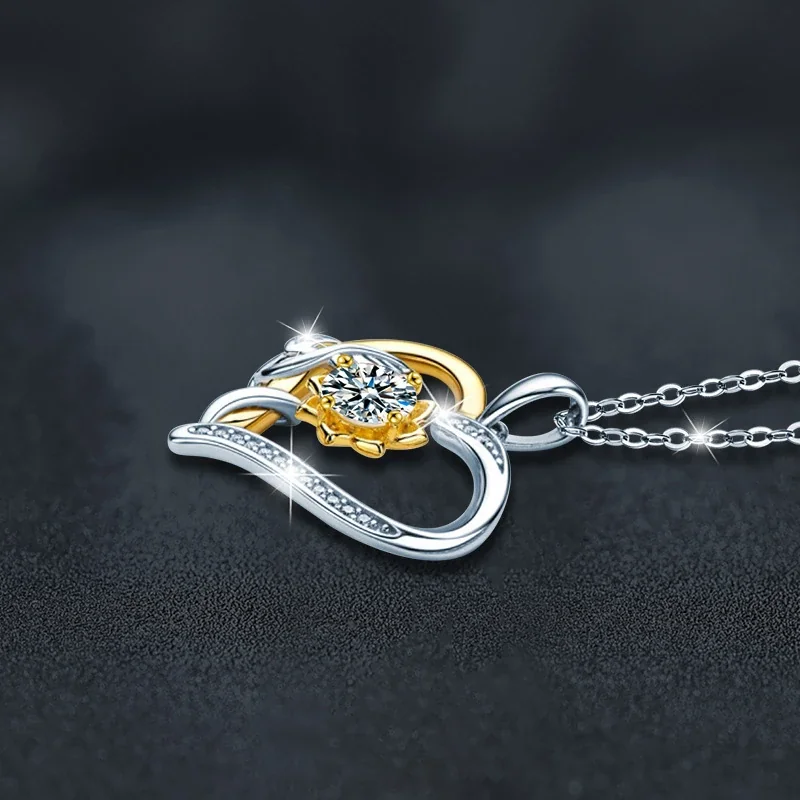Romantic Sunflower Leaf Heart 925 Sterling Silver Necklace
