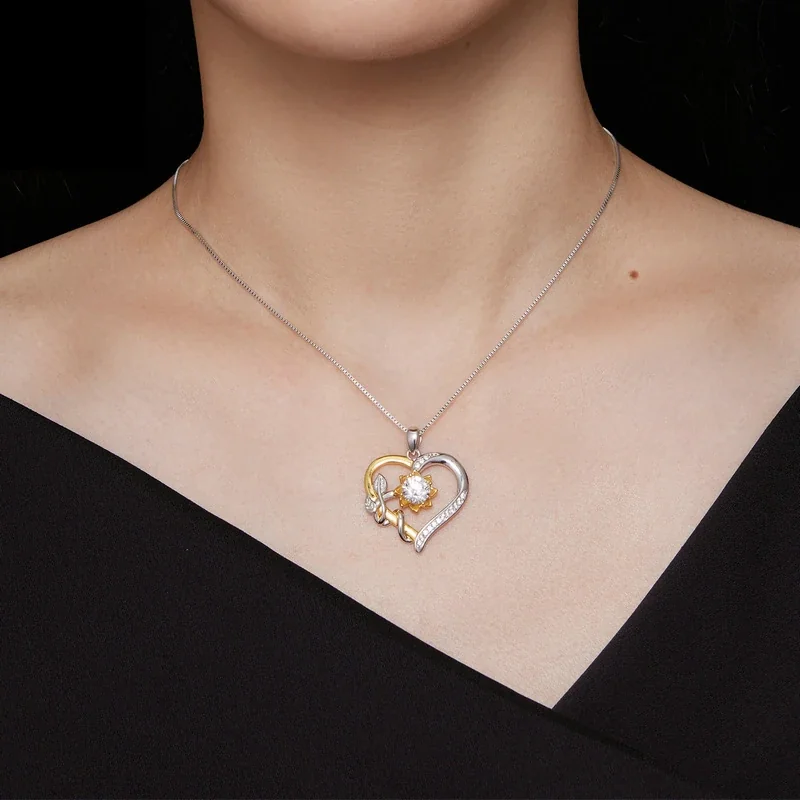 Romantic Sunflower Leaf Heart 925 Sterling Silver Necklace