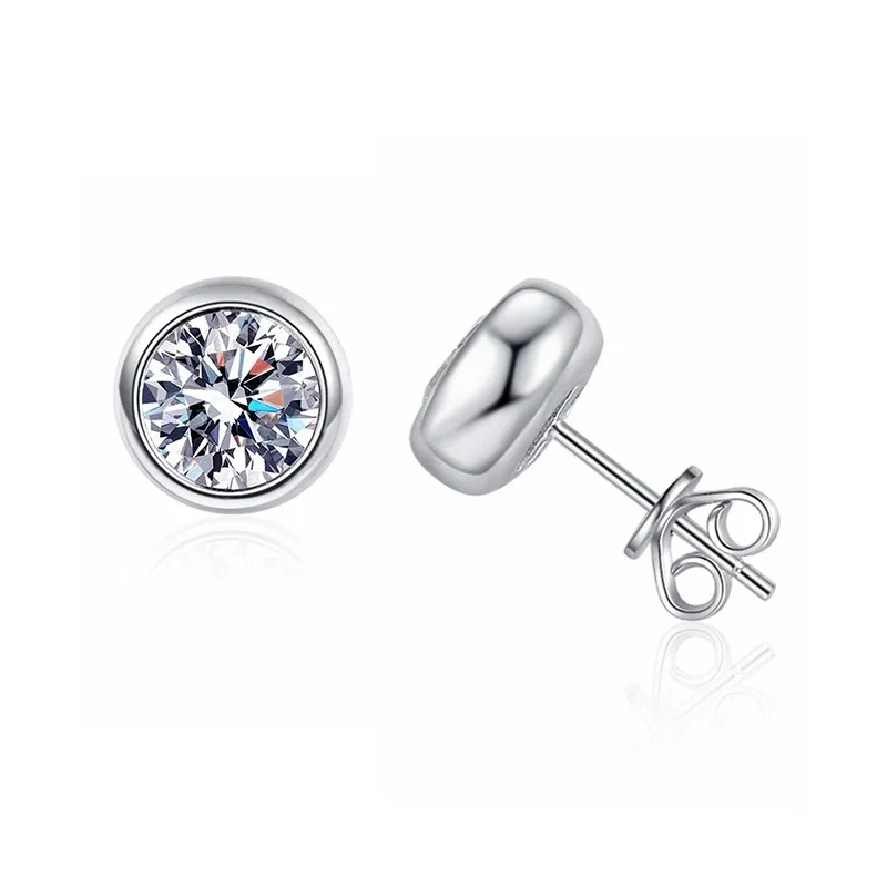 Polished 925 Sterling Silver Round Bezel-Set Moissanite Stud Earrings
