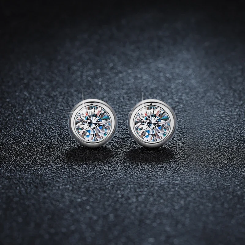 Polished 925 Sterling Silver Round Bezel-Set Moissanite Stud Earrings