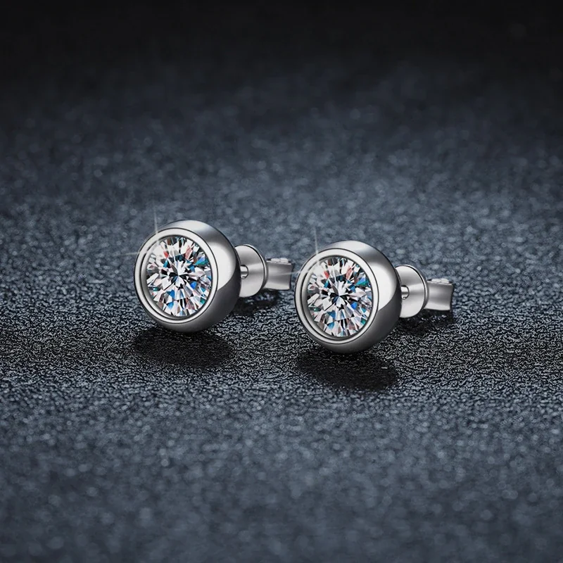 Polished 925 Sterling Silver Round Bezel-Set Moissanite Stud Earrings