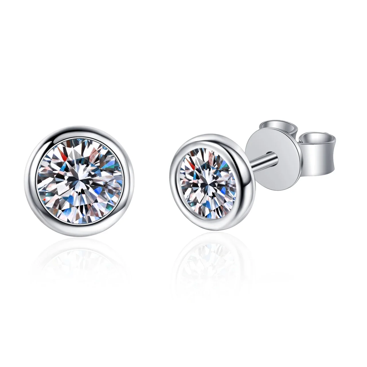 Polished 925 Sterling Silver Round Bezel-Set Moissanite Stud Earrings - Silver