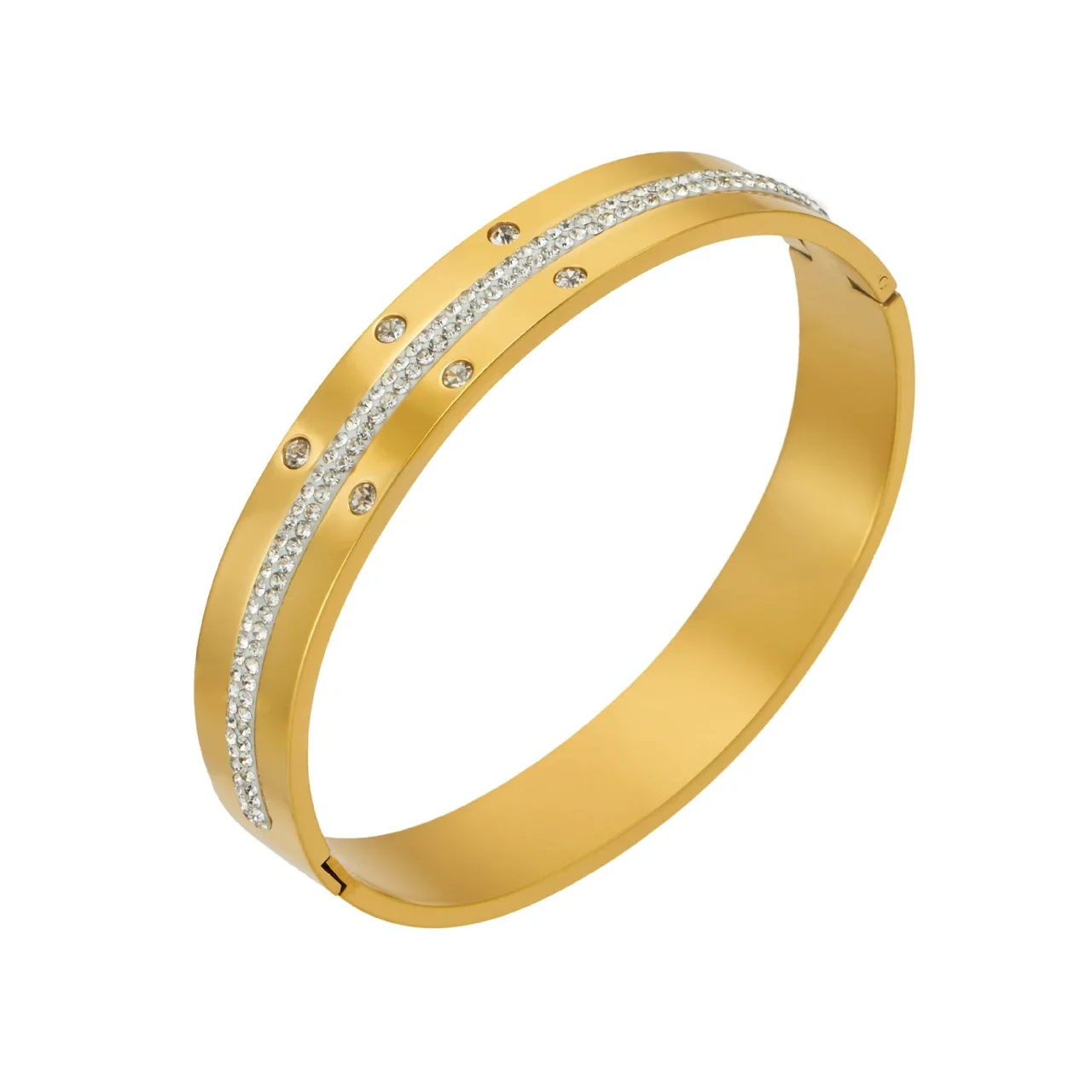 Radiant Gold PVD Pavé Stripe Flush-Set CZ Stainless Steel Bangle