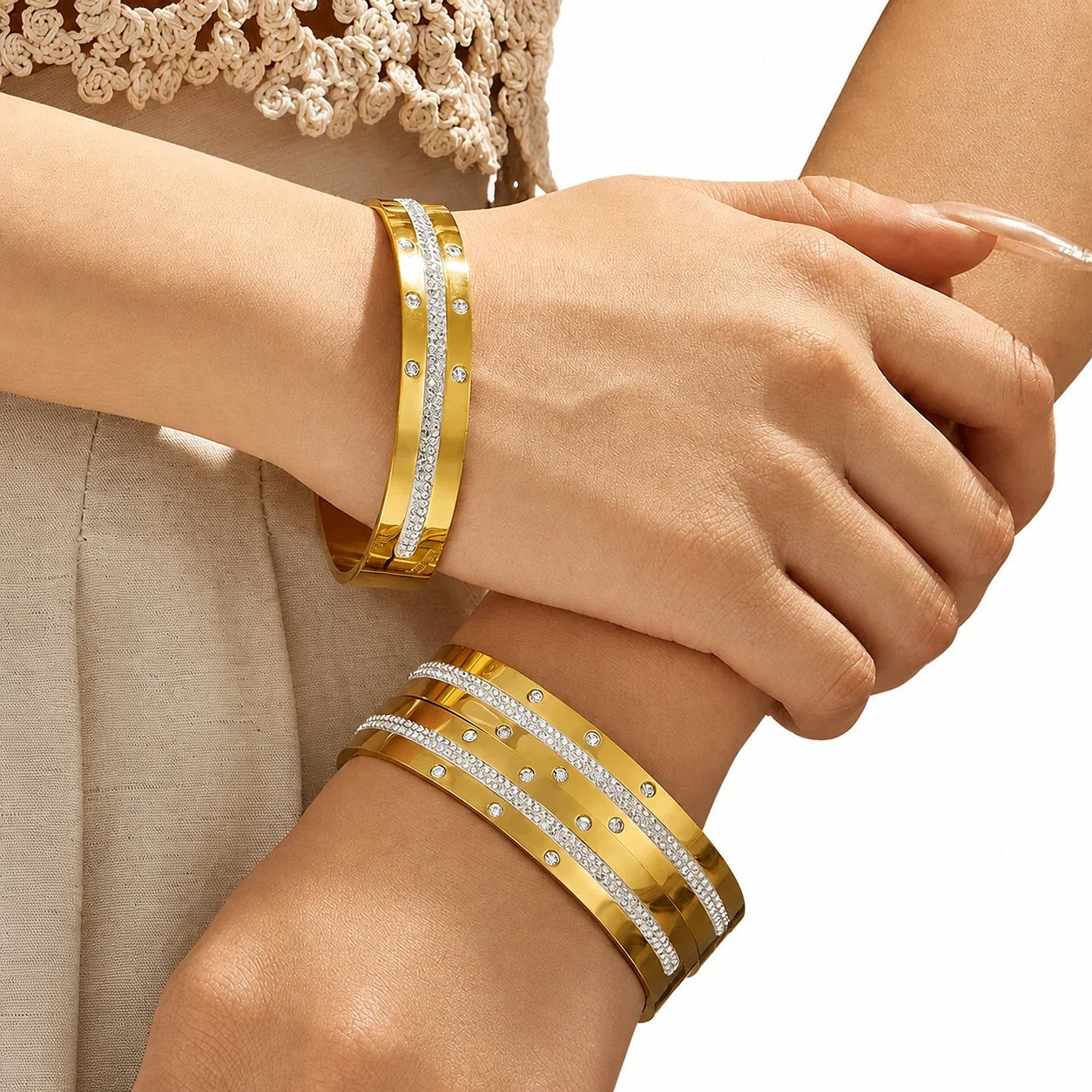 Radiant Gold PVD Pavé Stripe Flush-Set CZ Stainless Steel Bangle