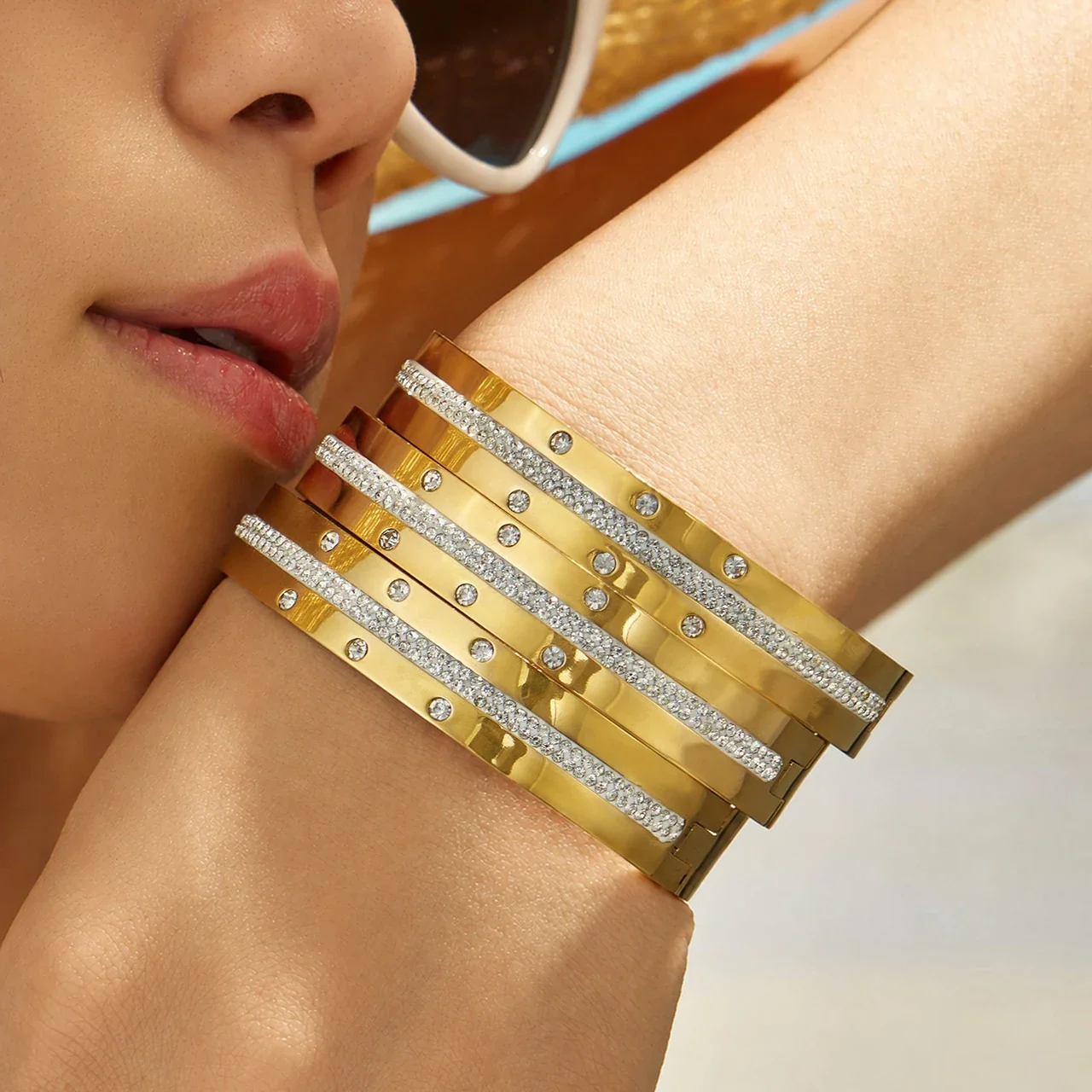 Radiant Gold PVD Pavé Stripe Flush-Set CZ Stainless Steel Bangle