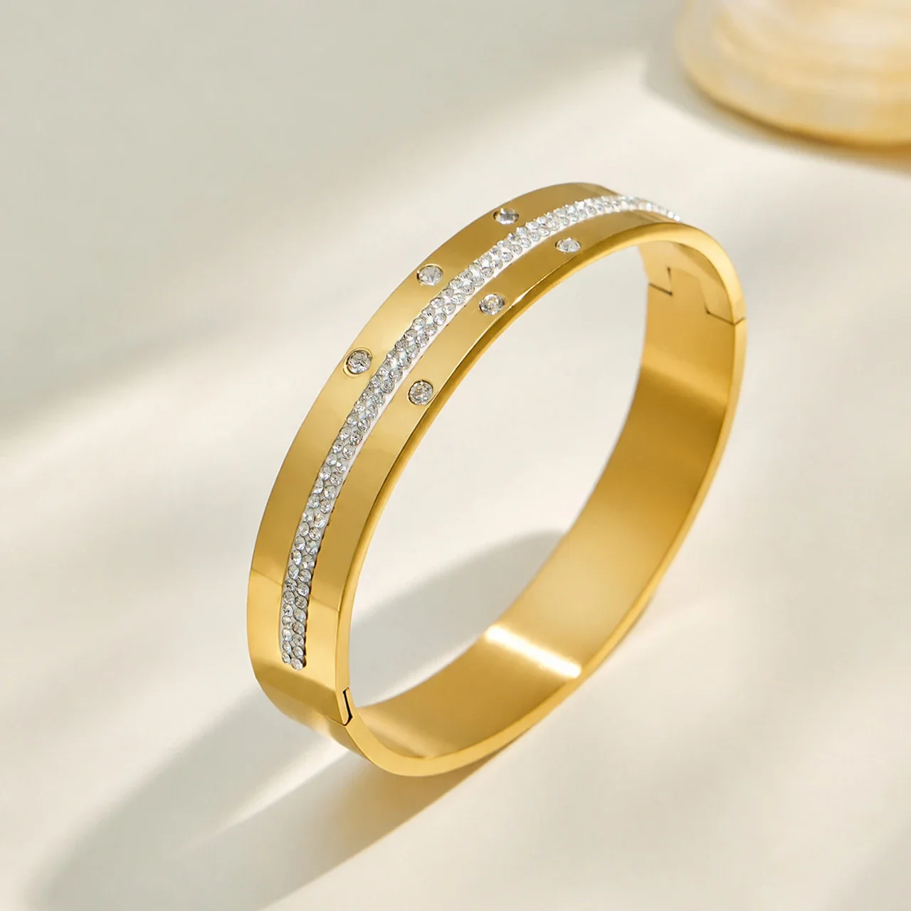 Radiant Gold PVD Pavé Stripe Flush-Set CZ Stainless Steel Bangle
