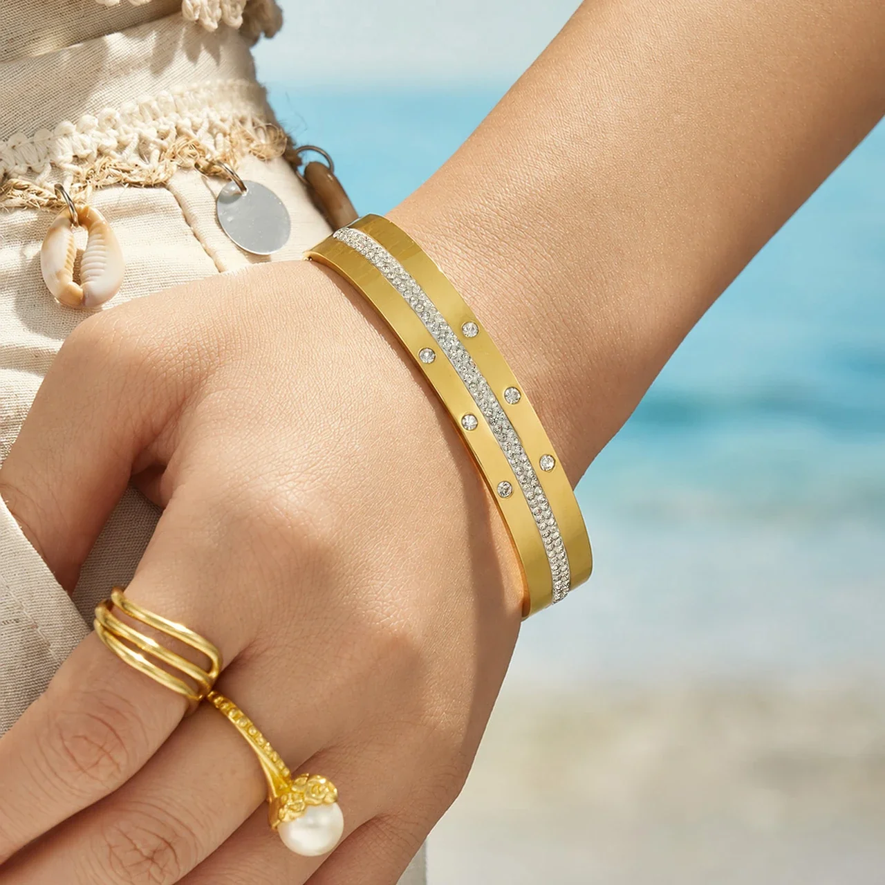 Radiant Gold PVD Pavé Stripe Flush-Set CZ Stainless Steel Bangle