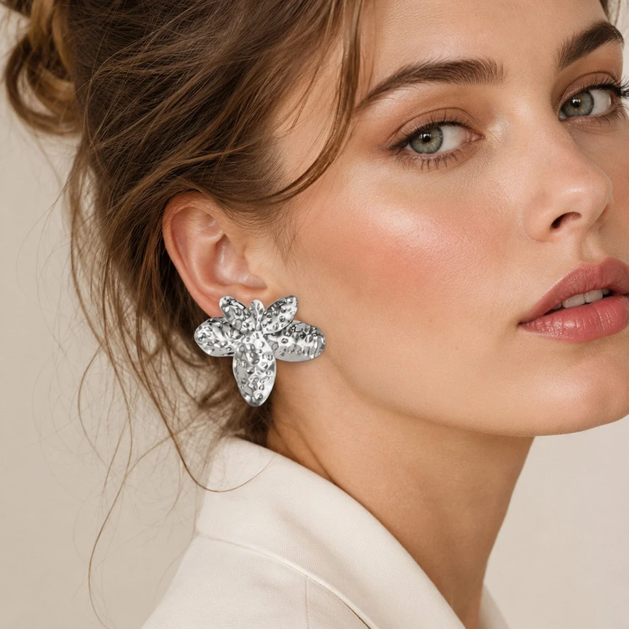 Sculptural Hammered Flower Stainless Steel Earrings
