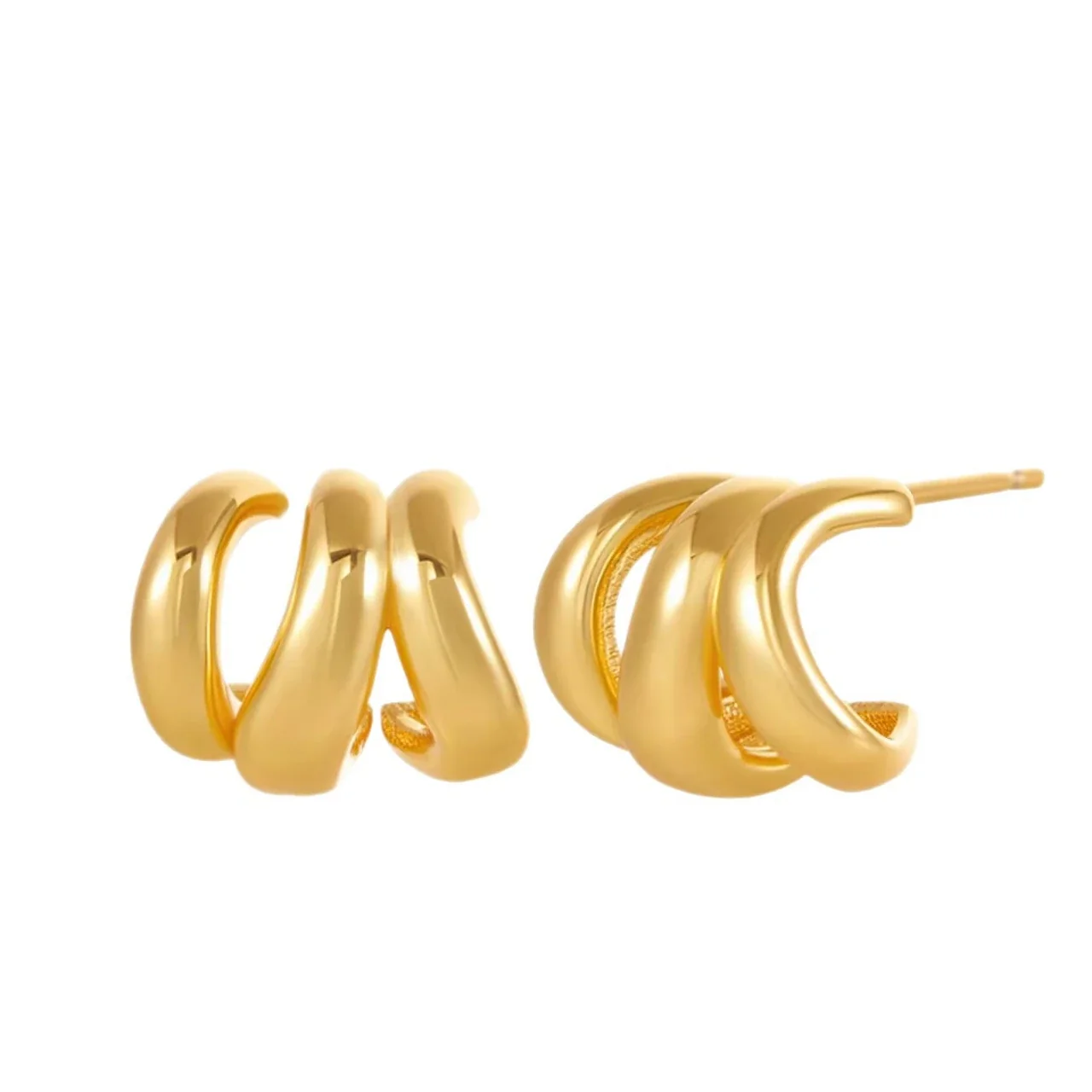 Sculptural Copper Gold-Plated Triple Hoop Stud Earrings