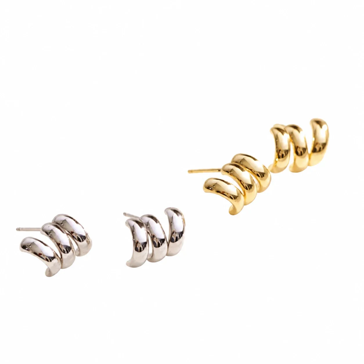 Sculptural Copper Gold-Plated Triple Hoop Stud Earrings