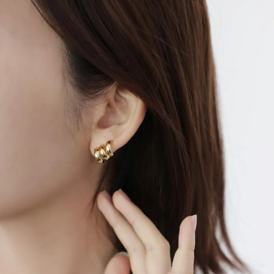 Sculptural Copper Gold-Plated Triple Hoop Stud Earrings