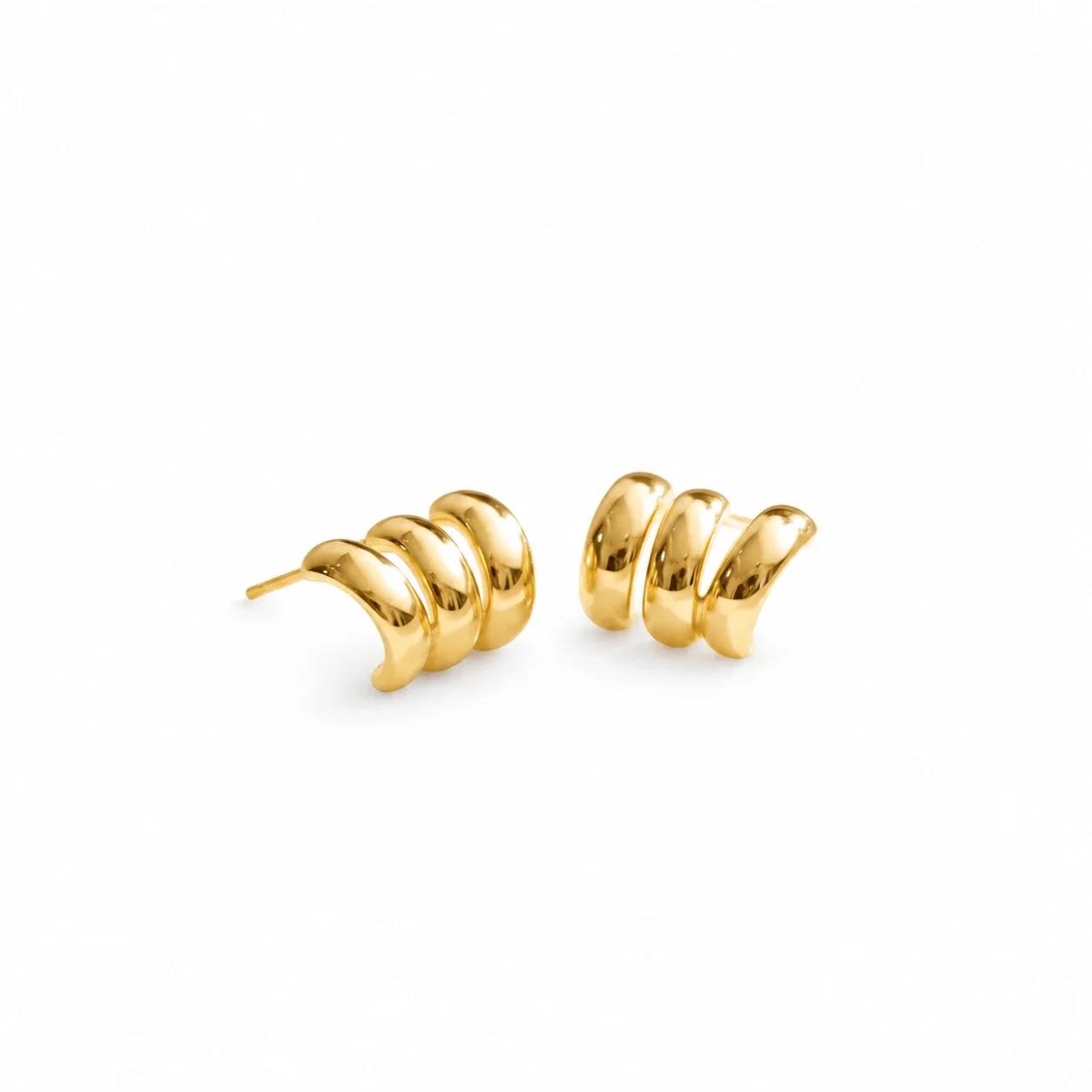 Sculptural Copper Gold-Plated Triple Hoop Stud Earrings - Gold