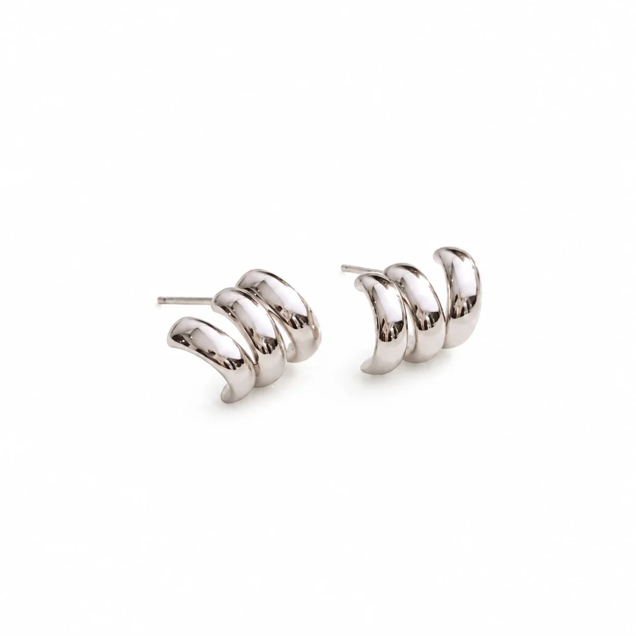 Sculptural Copper Gold-Plated Triple Hoop Stud Earrings - Silver