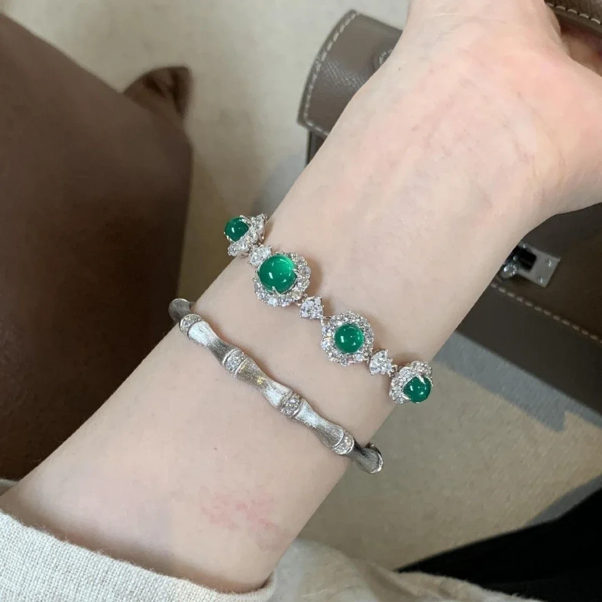 Ornate Silver-Plated Green Round Jade Halo Bracelet