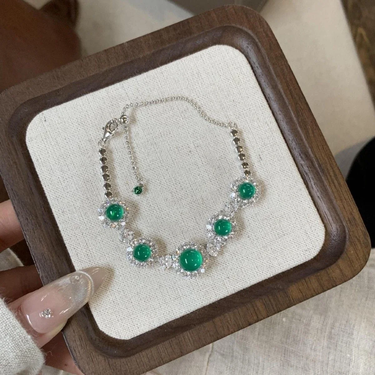 Ornate Silver-Plated Green Round Jade Halo Bracelet