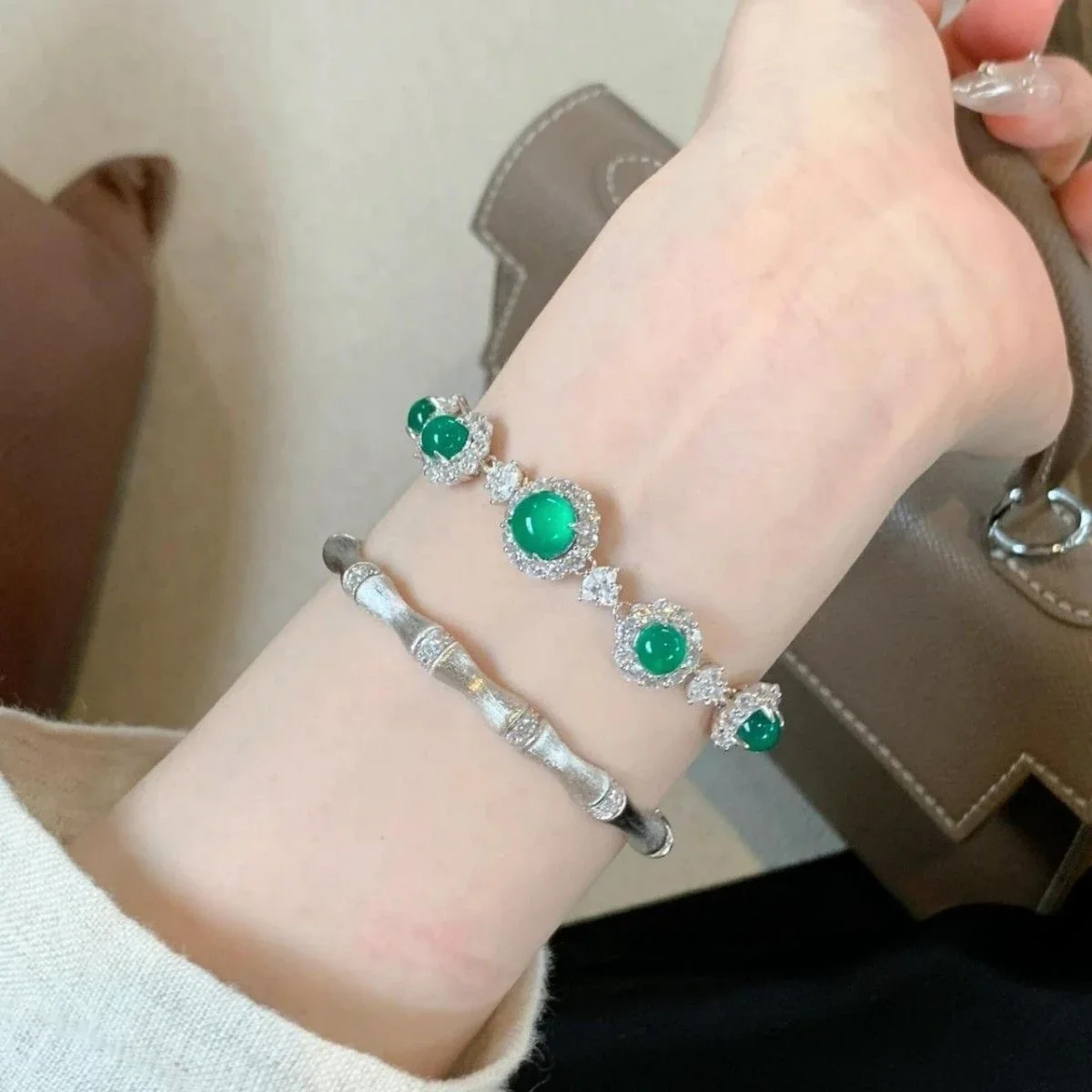 Ornate Silver-Plated Green Round Jade Halo Bracelet